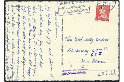 60 øre rød Fr. IX på postkort fra Skanderborg 1972 til Odense. Liniestempel med Ubekendt efter adressen.