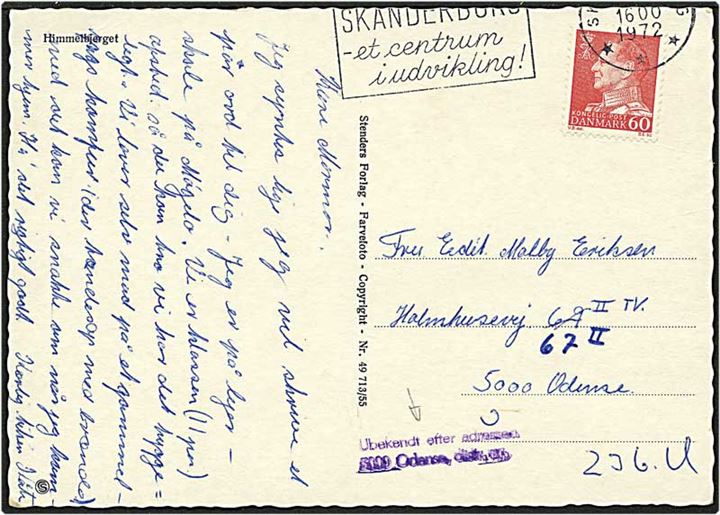 60 øre rød Fr. IX på postkort fra Skanderborg 1972 til Odense. Liniestempel med Ubekendt efter adressen.