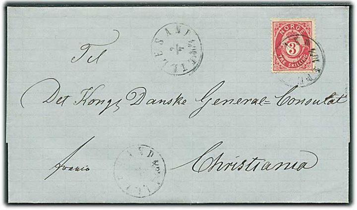 3 sk. Posthorn på brev fra Lillesand d. 2.7.1874 til Christiania. På bagsiden laksegl fra Kgl. danske konsulat i Lillesand.