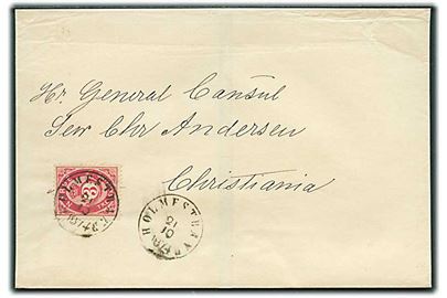 3 sk. Posthorn på brev fra Holmestrand d. 21.10.1874 til Christiania.