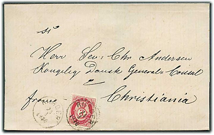 3 sk. Posthorn på brev fra Riisøer d. 26,3,1876 til Christiania.