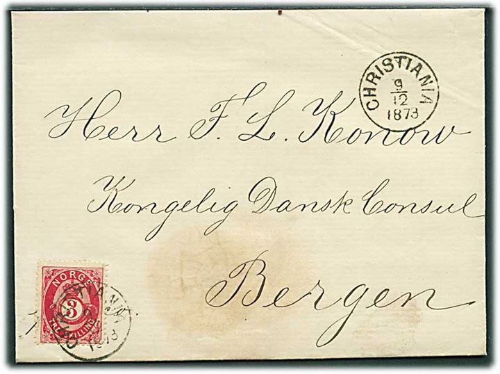 3 sk. Posthorn på brev fra Christiania d. 9.12.1873 til Bergen.