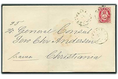3 sk. Posthorn på brev fra Holmestrand d. 20.x.1873 til Christiania. På bagsiden delvist laksegl fra Det kgl. danske Viceconsulat i Holmestrand.