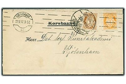 2 øre og 3 øre Posthorn på korsbånd fra Kristiania d. 22.6.1917 til Kjøbenhavn, Danmark.