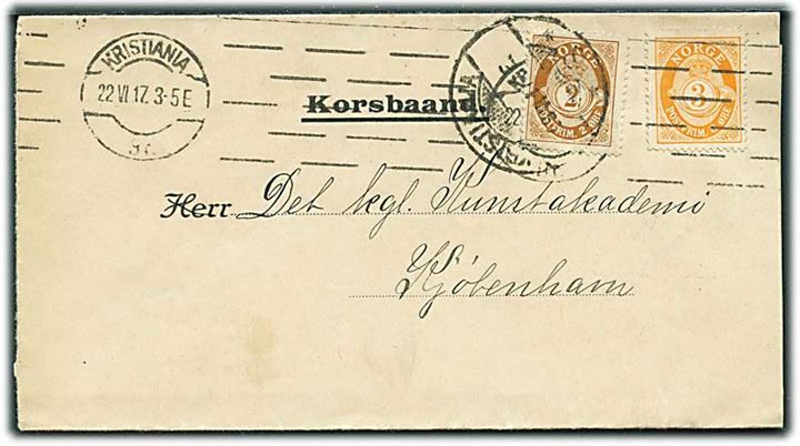 2 øre og 3 øre Posthorn på korsbånd fra Kristiania d. 22.6.1917 til Kjøbenhavn, Danmark.