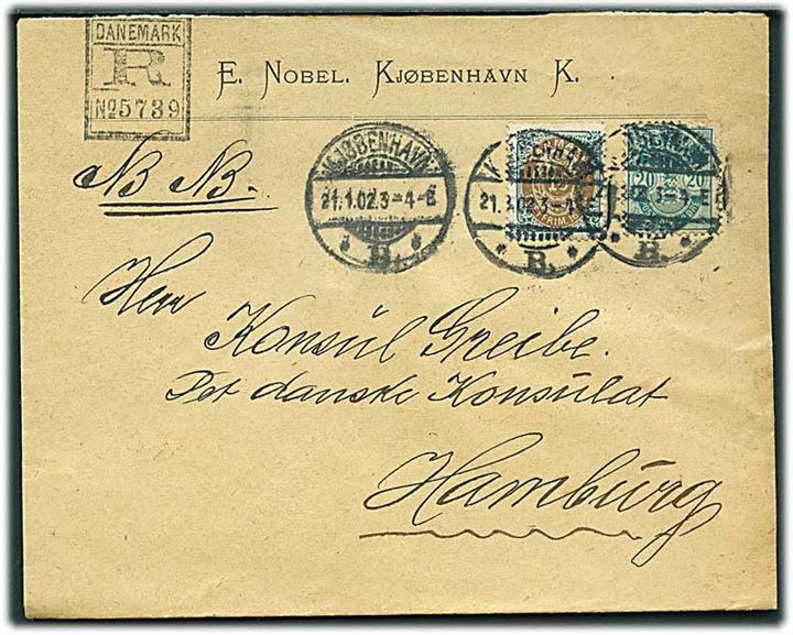 16 øre Tofarvet og 20 øre Våben på anbefalet brev fra Kjøbenhavn d. 21.1.1902 til Hamburg, Tyskland.