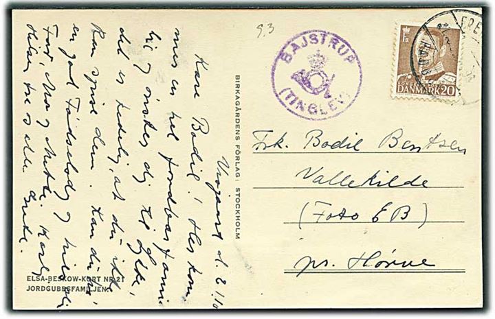 20 øre Fr. IX på brevkort annulleret med svagt bureaustempel Fredericia - Padborg d. 21.10.195x og sidestemplet med posthornstempel BAJSTRUP (TINGLEV) til Vallekilde pr. Hørve.