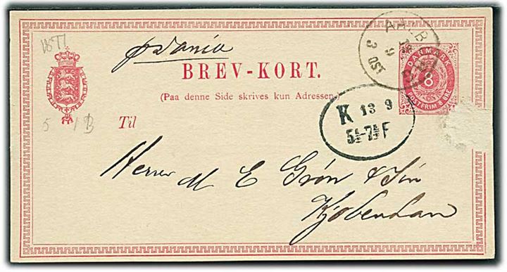 8 øre helsagsbrevkort påskrevet pr. Dania annulleret med lapidar Aalborg d. 12.9.1877 til Kjøbenhavn. Skade i højre side.