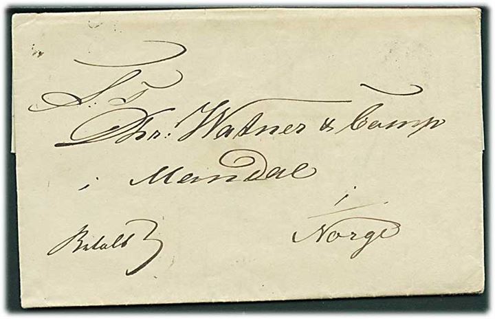 1840. Francobrev mærket Betalt med antiqua Kiøbenhavn d. 3.7.1840 til Mandal, Norge. 