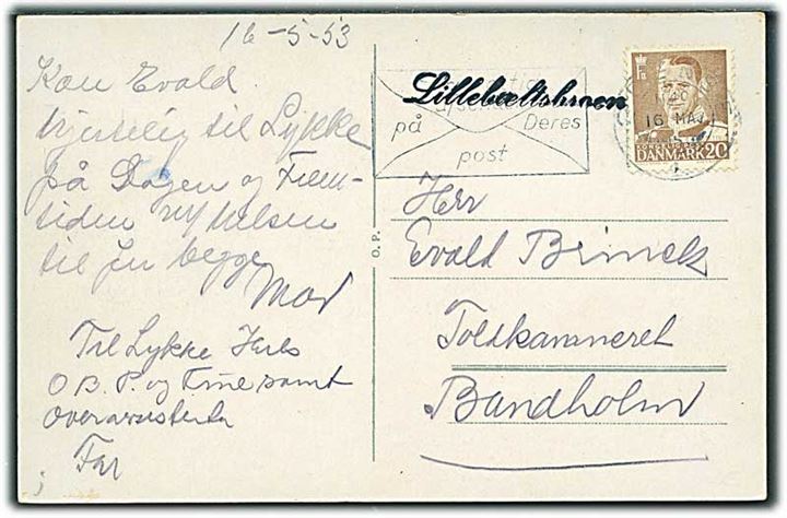 20 øre Fr. IX på brevkort (Restaurant Broen) stemplet Odense d. 16.5.1953 til Bandholm. Interessant liniestempel Lillebæltsbroen.