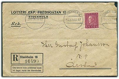 35 öre Gustaf på fortrykt anbefalet kuvert med fortrykt rec.-etiket fra Lotteri Exp. Fredsgatan 12 stemplet Stockholm 16 d. 23.2.1934 til Årstad.