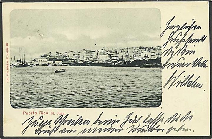 1 cent Våbentype i parstykke på brevkort (San Juan, Puerto Rico) stemplet St: Thomas d. 14.1.1903 til officer i 1. Garde Regiment i Potsdam, Tyskland. 