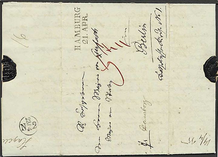 1835. Franco brev fra Holstenborg sendt fra Slagelse med håndskrevet bynavn Slagelse d. 19.4.1835 på bagsiden via Hamburg til Berlin. Påskrevet: Fr. Hamburg. 
