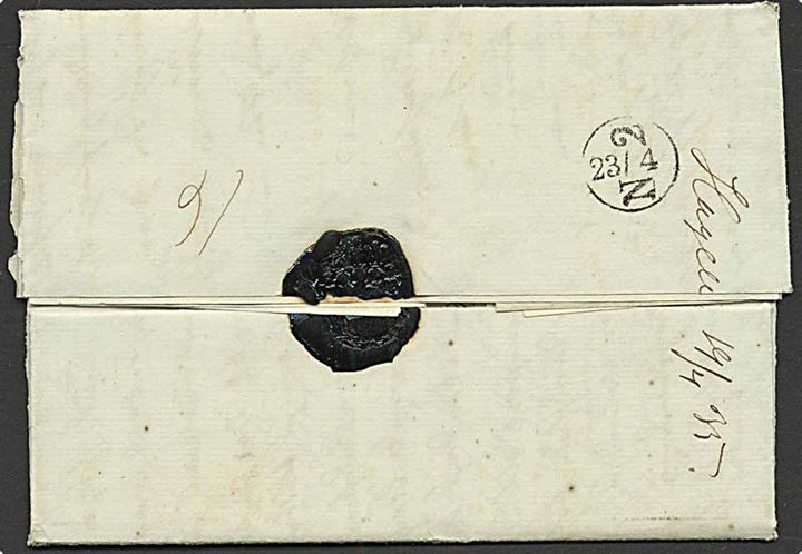 1835. Franco brev fra Holstenborg sendt fra Slagelse med håndskrevet bynavn Slagelse d. 19.4.1835 på bagsiden via Hamburg til Berlin. Påskrevet: Fr. Hamburg. 