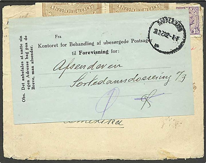 5 øre og 15 øre Chr. X på brev fra Kjøbenhavn d. 3.1. 1921 til USA. Retur pga. mangelfuld adresse og lukket med brun returmærke fra Kontoret for Behandling af ubesørgelige Postsager. Blå forespørgselsvignet. 