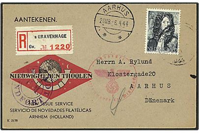 40 cent de Jongsté på rec. brevkort fra s'Gravenhage, Holland, d. x.4.1944 til Aarhus. Censureret i Hamburg (f)og stemplet: TILLADT/U.M./INDFØRT i Udenrigsministeriet.