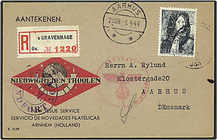 40 cent de Jongsté på rec. brevkort fra s'Gravenhage, Holland, d. x.4.1944 til Aarhus. Censureret i Hamburg (f)og stemplet: TILLADT/U.M./INDFØRT i Udenrigsministeriet.