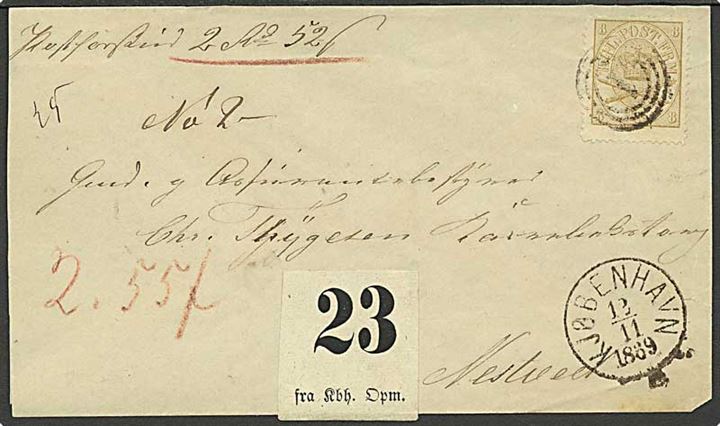 8 sk. Krone/Scepter 2. tryk annulleret med nr.stempel “1” single på brev med postforskud fra Kjøbenhavn d. 12.11. 1869 til Næstved.