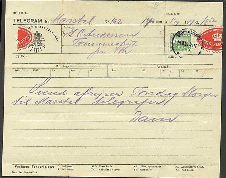 10 øre Genforening på telegram stemplet Storehedinge d. 14.9.1914 til Tommestrup pr. Storehedinge.