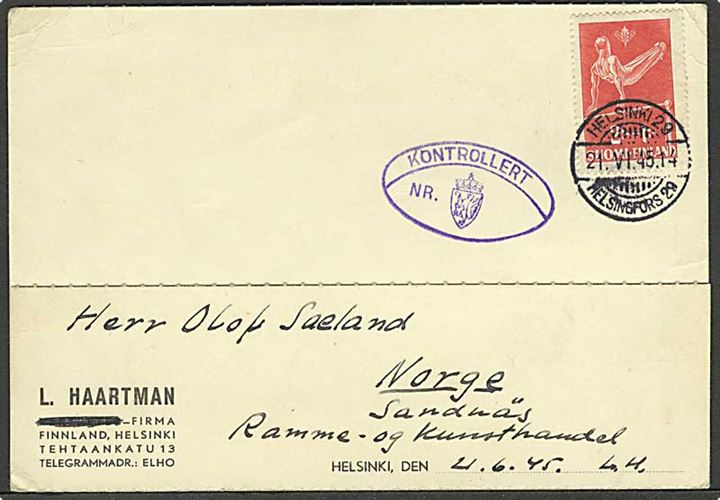 Finsk 2+1 mk. Idræt single på brevkort fra Helsingfors d. 21.6.1945 til Sandnäs, Norge. Oval efterkrigscensur i violet: Kontrolleret Nr.