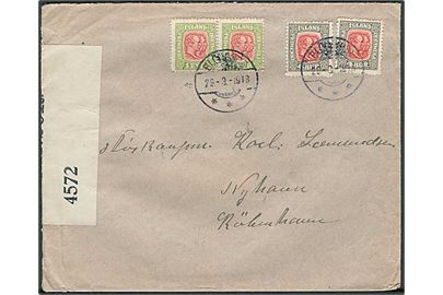 1 eyr (par) og 4 aur (2) To Konger på brev fra Blöndous d. 29.3.1918 via Akureyri til København, Danmark. Åbnet af britisk censur nr. 4572.
