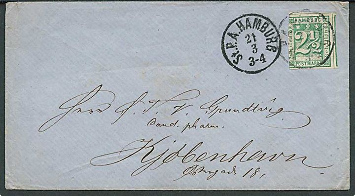 Hamburg 2½ sch. utakket, skævt centreret, på brev stemplet St. P.A. Hamburg d. 21.3.1865 via Hadersleben d. 22.3.1865 til København. Vinterbrev sendt gennem hertugdømmerne. 
