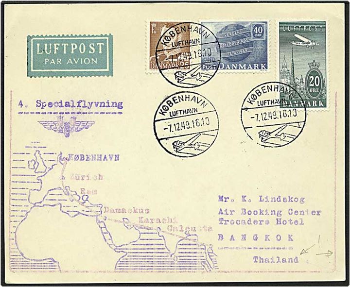 85 øre porto på luftpost brev fra København d. 7.12.1949 til Bangkort, Thailand. Kuverten returneret.