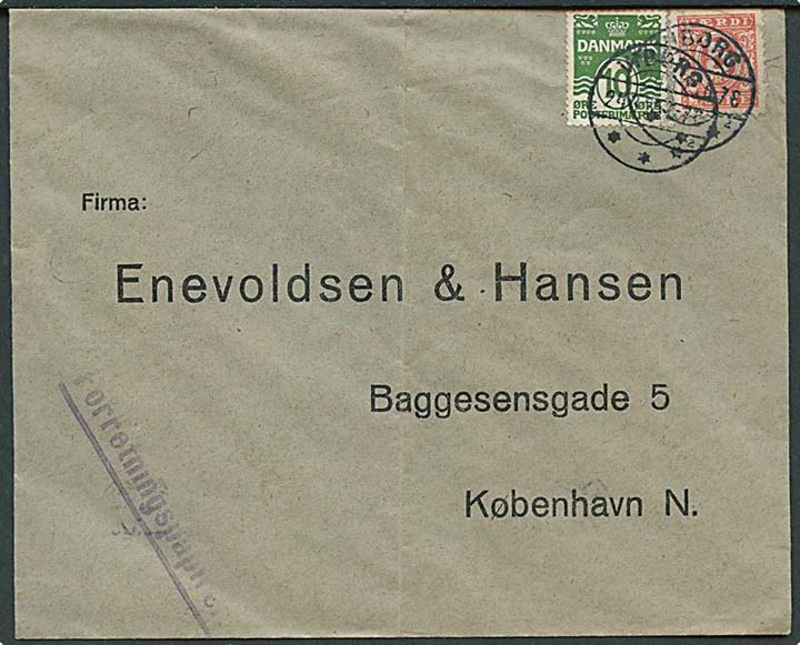 10 øre Bølgelinie og 5 øre Værdi Mærke anvendt som frankering på 15 øre Forretningspapirer fra Viborg d. 24.3.1925 til København. Ikke udtakseret i porto.