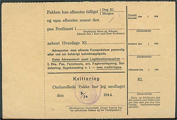 Ufrankeret Postopkrævnings-Adressekort påskrevet Frimærker på Anvisningen Kr. 1,70 fra København d. 6.9.1948 til Sukkertoppen, Grønland. På bagsiden stort violet skjoldstempel: Kolonien Sukkertoppen.