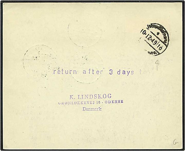 85 øre porto på luftpost brev fra København d. 7.12.1949 til Bangkort, Thailand. Kuverten returneret.