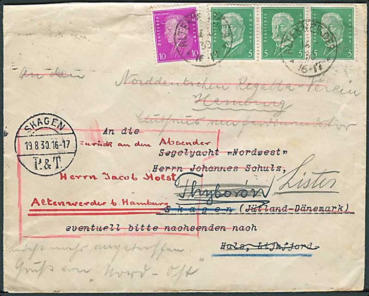 Tysk 25 pfg. frankeret brev fra Altenwerder d. 14.8.1930 til tysk yacht “Nordwest” i Skagen, Danmark. Eftersendt til Thyborøn med brotype Vc Skagen P. & T. d. 29.8. 1930 til Thyborøn og siden returneret. På bagsiden påskrevet: “Sejlet fra Skagen den 11/8-30”. 