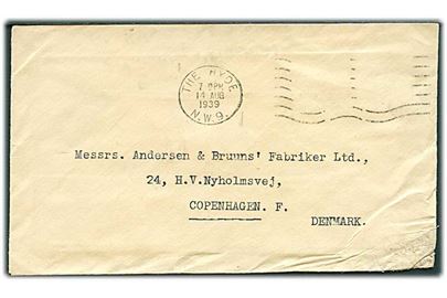 Engelsk brev fra The Hyde N.W. 9 (London) d. 14.8.1939 til København, Danmark. Vandskadet med affaldne frimærker. Beskadiget da British Airways Lockheed Electra G-AESY forulykkede i Storestrømmen d. 15.8.1939 på flyvning fra Hamburg til Stockholm.