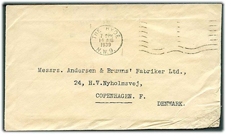 Engelsk brev fra The Hyde N.W. 9 (London) d. 14.8.1939 til København, Danmark. Vandskadet med affaldne frimærker. Beskadiget da British Airways Lockheed Electra G-AESY forulykkede i Storestrømmen d. 15.8.1939 på flyvning fra Hamburg til Stockholm.