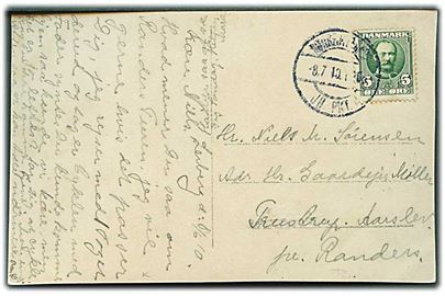 5 øre Fr. VIII på brevkort dateret Leiberg annulleret med reserve bureaustempel Nørrejyllands- JB.PKT. (svagt tognr.) d. 8.7.1910 til Trustrup pr. Randers.