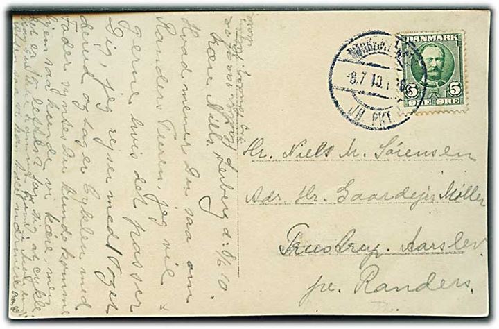 5 øre Fr. VIII på brevkort dateret Leiberg annulleret med reserve bureaustempel Nørrejyllands- JB.PKT. (svagt tognr.) d. 8.7.1910 til Trustrup pr. Randers.