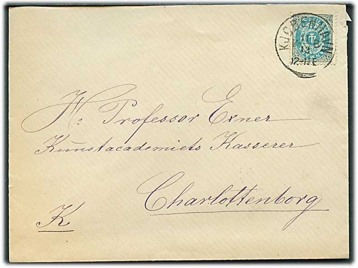 4 øre Tofarvet på lokalsbrev i Kjøbenhavn d. 11.12.1884 til Professor Exner, Kunstacademiets kasserer, Charlottenborg.