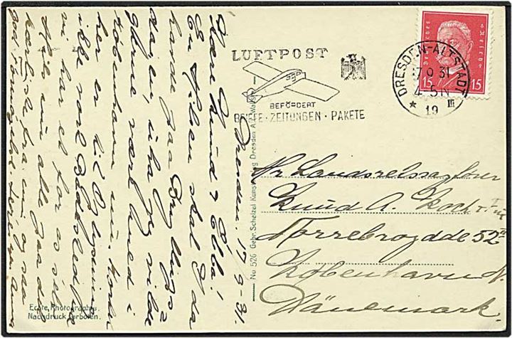 15 pfennig rød på luftpost postkort fra Dresden, Tyskland, d. 17.9.1931 til København.