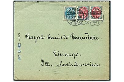 4 øre og 8 øre Tofarvet (par) omv. ramme på brev fra Aalborg d. 3.5.1902 til Chicago, USA.