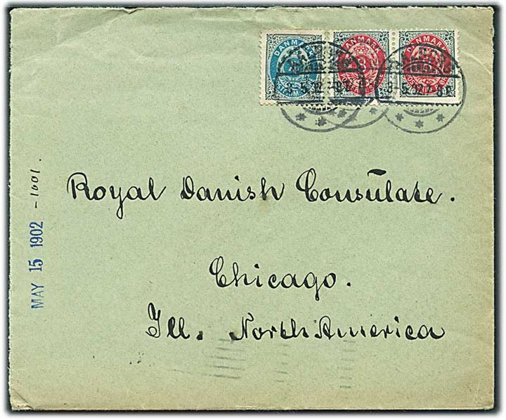 4 øre og 8 øre Tofarvet (par) omv. ramme på brev fra Aalborg d. 3.5.1902 til Chicago, USA.