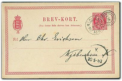 8 øre helsagsbrevkort dateret Orenæsgaard annulleret med kombineret nr.stempel 136/Lollandske JB.PK. d. 19.5.1883 til Kjøbenhavn.