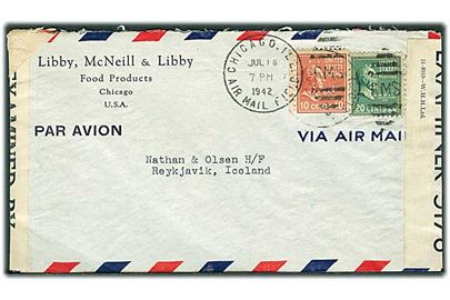 Amerikansk 10 cents og 20 cents med perfin “L” på firmakuvert fra Libby, McNeill & Libby sendt som luftpost fra Chicago d. 16.7.1942 til Reykjavik, Island. Dobbelt censureret med både amerikansk og engelsk censur.