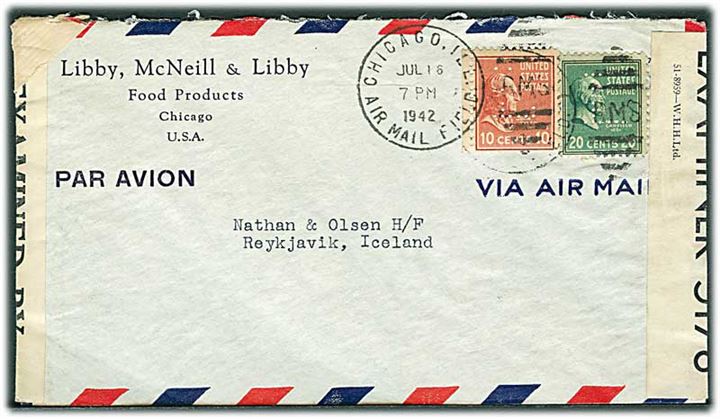 Amerikansk 10 cents og 20 cents med perfin “L” på firmakuvert fra Libby, McNeill & Libby sendt som luftpost fra Chicago d. 16.7.1942 til Reykjavik, Island. Dobbelt censureret med både amerikansk og engelsk censur.