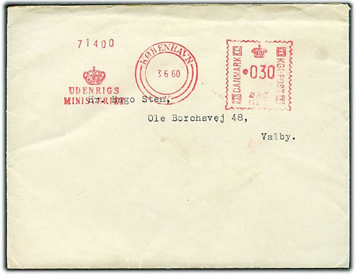 30 øre firmafranko Udenrigsministeriet København d. 3.6.1960 på fortrykt kuvert til Valby. Fuldt indhold fra udenrigsministeren underskrevet J(ens) O(tto) Krag. 