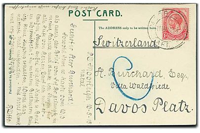 1d George V på brevkort fra Moorleigh d. 11.5.1915 til Davos Platz, Schweiz. Håndskrevet C (Censored) med blåkridt, hvilke oplyses er eksempel på tidlig sydafrikansk censur. 