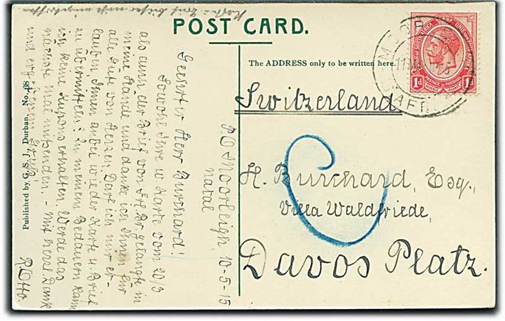 1d George V på brevkort fra Moorleigh d. 11.5.1915 til Davos Platz, Schweiz. Håndskrevet C (Censored) med blåkridt, hvilke oplyses er eksempel på tidlig sydafrikansk censur. 