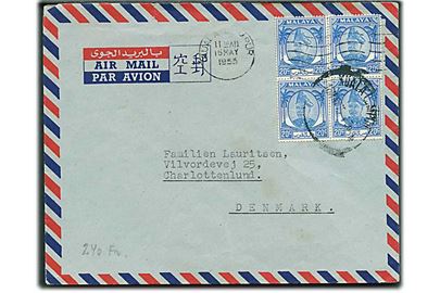 Selangor. 20 c. Sultan Hisamuddin Alam Shah i fireblok på luftpostbrev fra Kuala Lumpur d. 16.5.1955 til Charlottenlund, Danmark.
