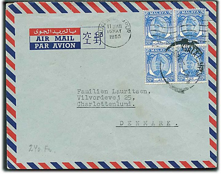 Selangor. 20 c. Sultan Hisamuddin Alam Shah i fireblok på luftpostbrev fra Kuala Lumpur d. 16.5.1955 til Charlottenlund, Danmark.