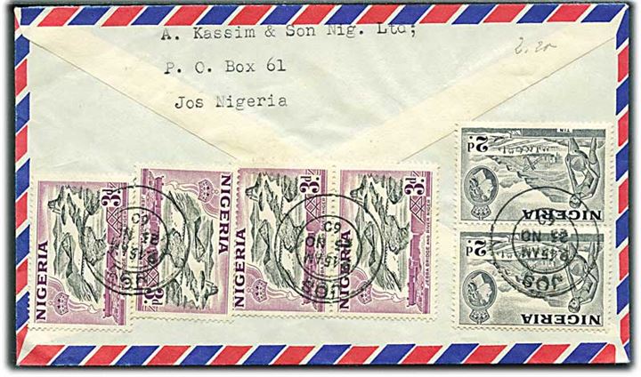 2d (2) og 3d (4) på bagsiden af luftpostbrev fra Jos d. 23.11.1960 til Hamburg, Tyskland.