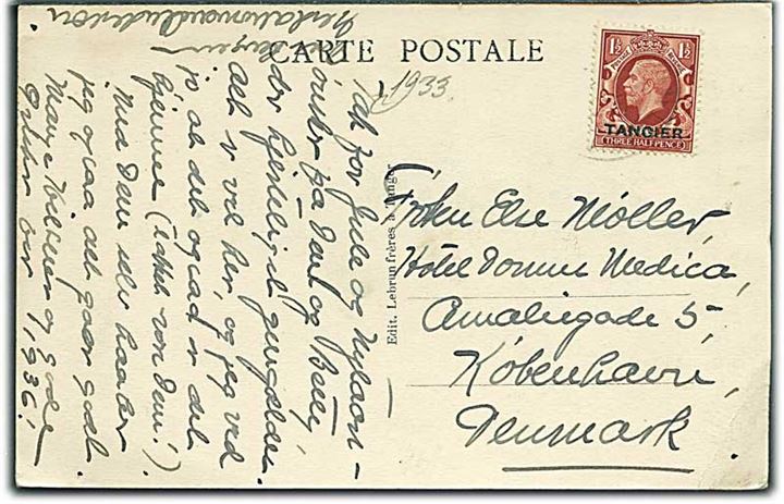 Britisk P.O. i Tanger. 1½d George V Tangier provisorium på brevkort fra Tanger ca. 1935 til København, Danmark.