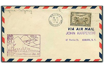 5 cents Luftpost på flyvningskuvert fra Regina d. 10.12.1928 via Calgary til Auburn, USA. Violet flyvningsstempel.